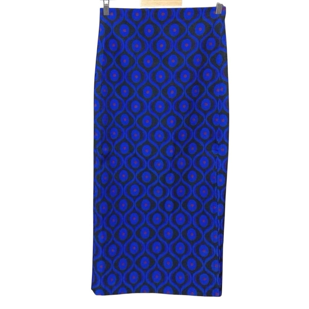 Zara‎ Blue Geometric Print Midi Skirt High Waist Adjustable Slit Mod Retro